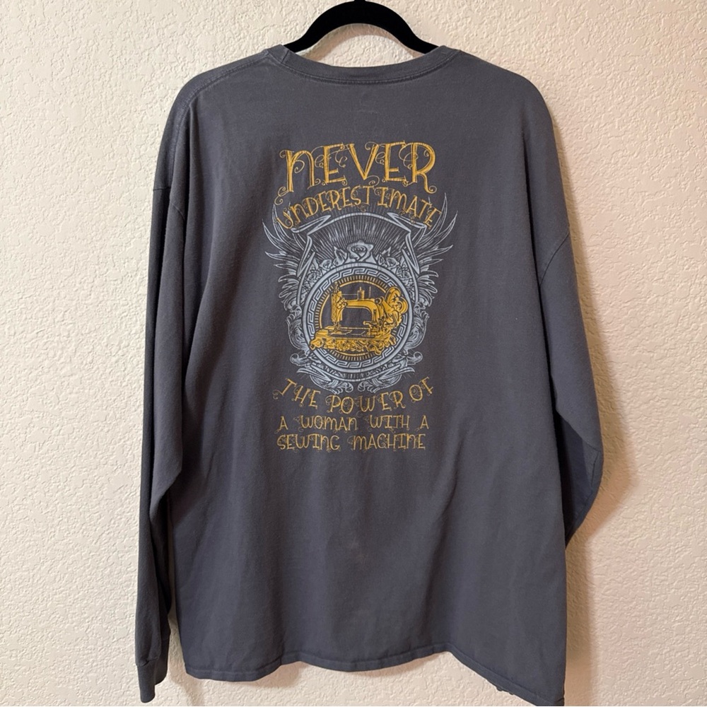 VTG Hanes Women’s Gray Long Slv Print Sewing Machine T Shirt Preshrunk Cotton 2X